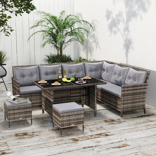 Outsunny 8 Seater Rattan Sofa Set, Rattan Garden Furniture Set with Tempered Glass Table & Thick Cushions, Grey