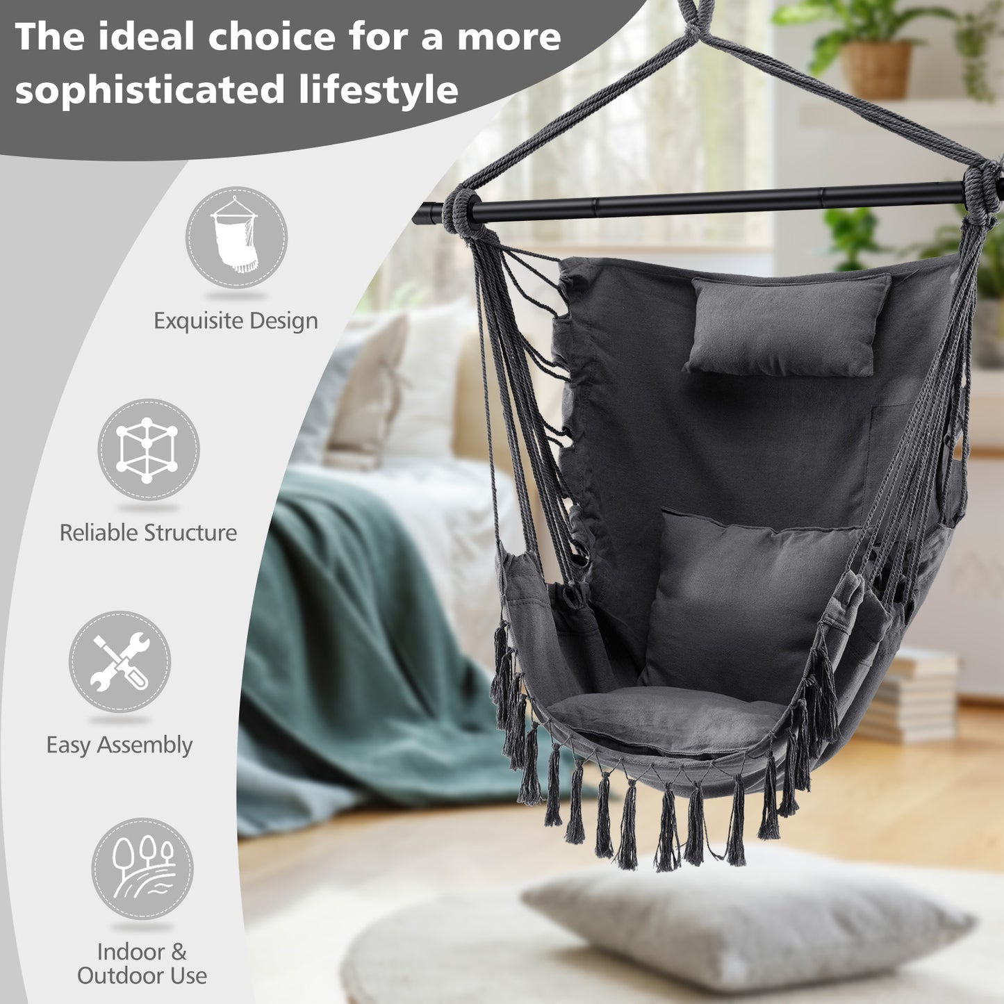 Hammock Chair with Soft Pillow & Cushions for Home & Backyard-Grey