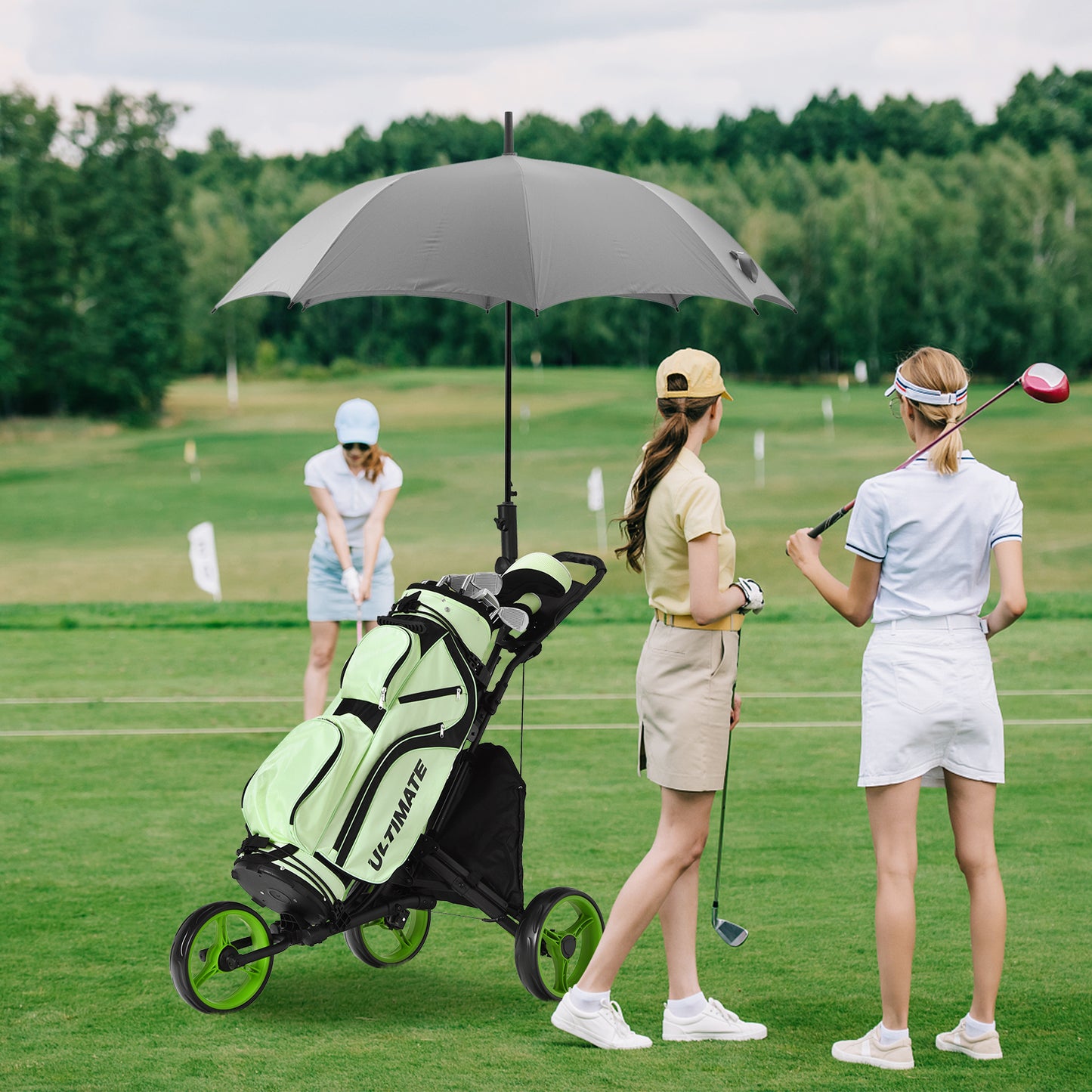 Folding 3 Wheels Golf Push Cart with Bag Scoreboard Adjustable Handle-Green