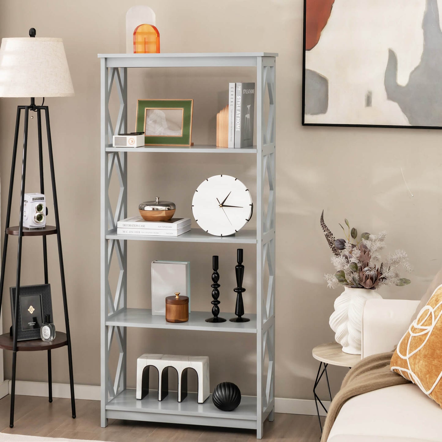 5-Tier Modern Bookcase with Open Shelves-Grey
