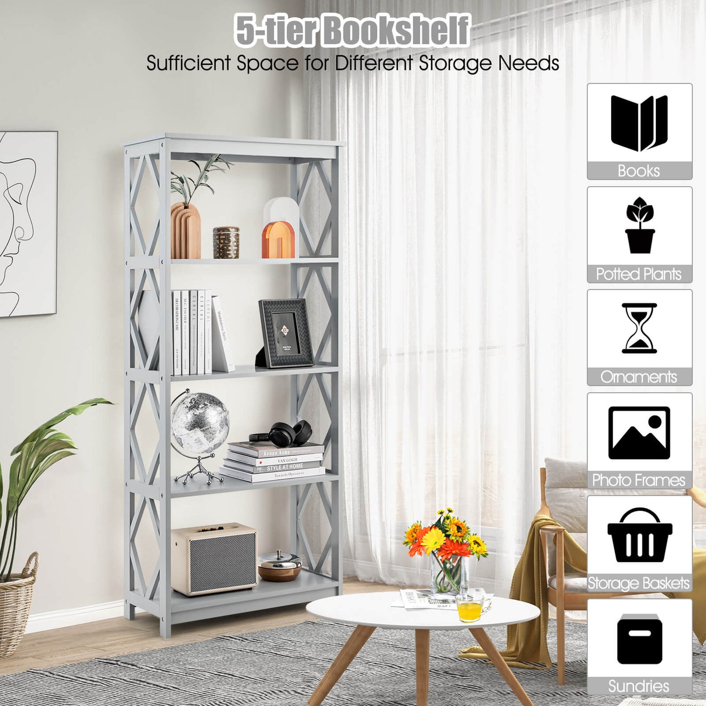 5-Tier Modern Bookcase with Open Shelves-Grey