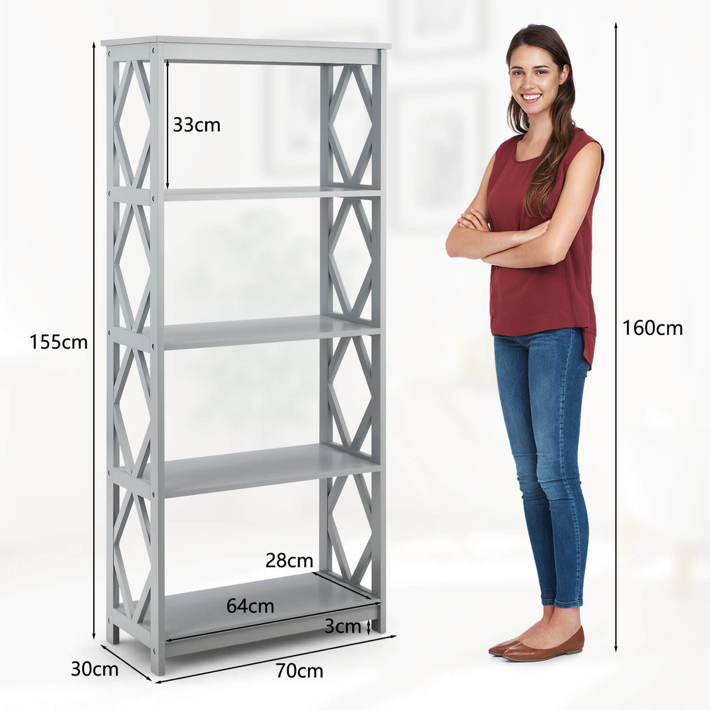 5-Tier Modern Bookcase with Open Shelves-Grey