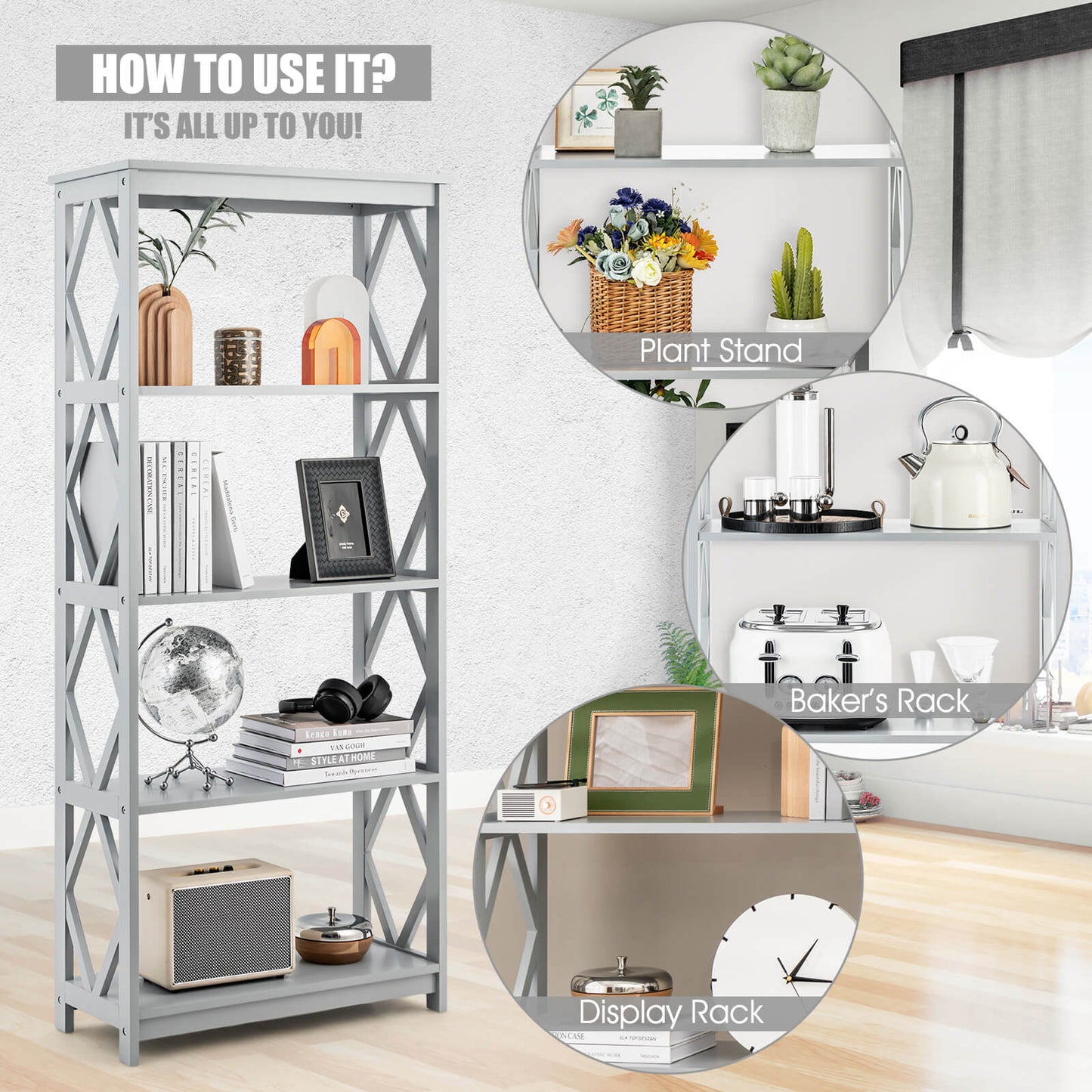 5-Tier Modern Bookcase with Open Shelves-Grey