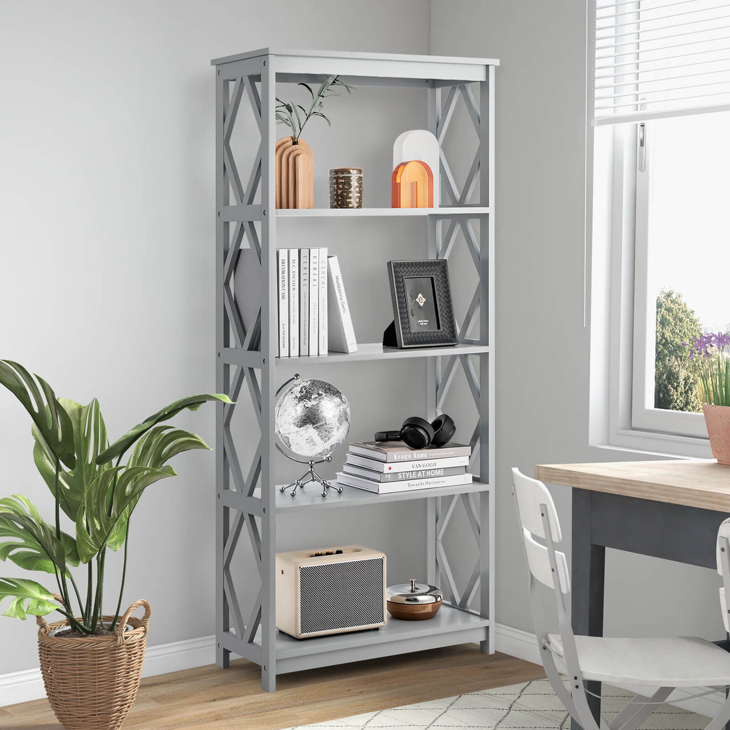 5-Tier Modern Bookcase with Open Shelves-Grey