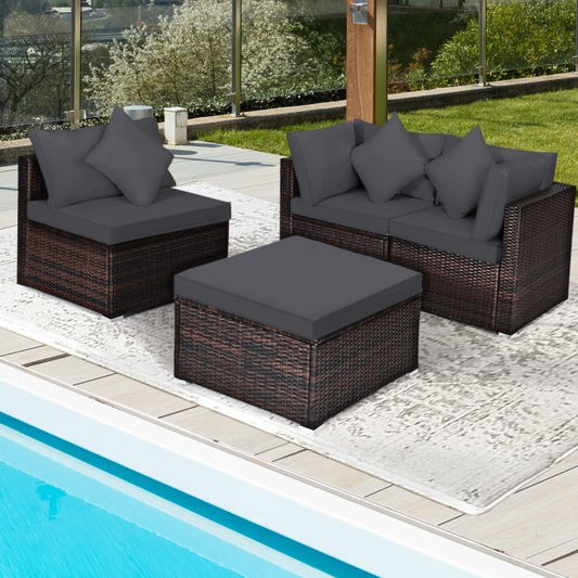 4 Pieces Outdoor Rattan Conversation Set with Removable Cushions and Pillows-Grey