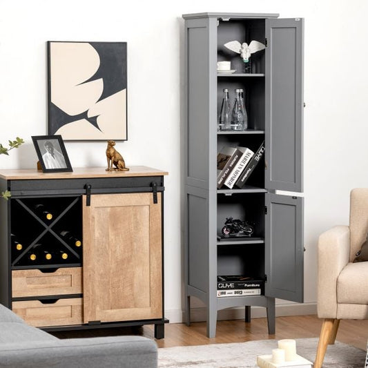 2-Door 160cm High Freestanding Bathroom Cabinet with 5-Tier Shelves-Grey