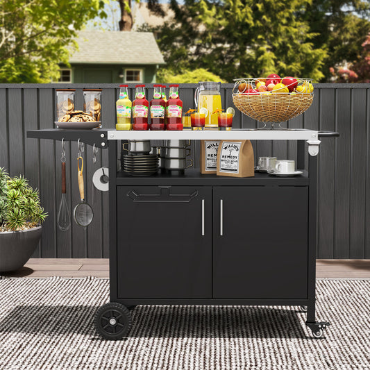 Grill Cart with Storage Outdoor Kitchen Island with Folding Stainless Steel Top-Black