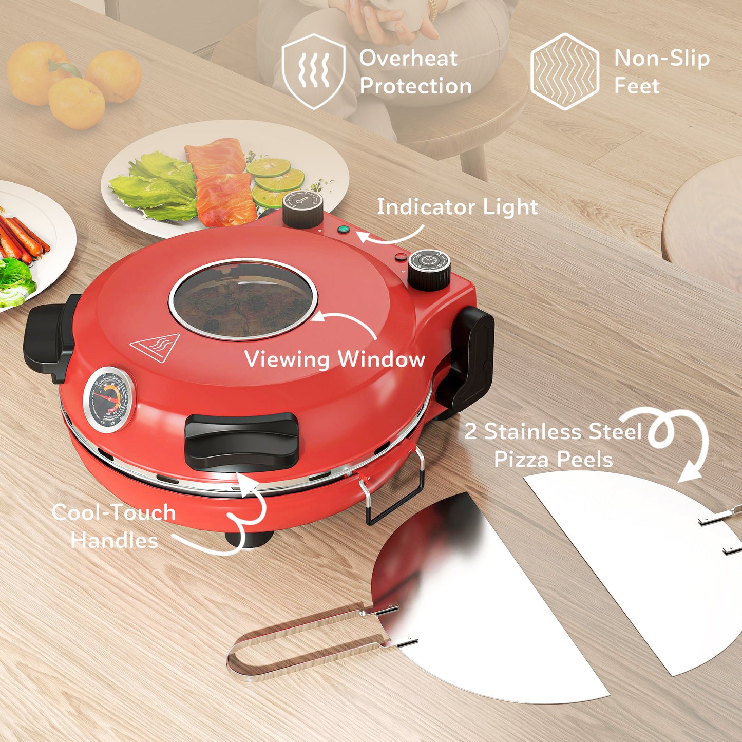 Piec do pizzy HOMCOM 1200 W, 12-calowy elektryczny piec do pizzy z okienkiem, podwójnym pokrętłem do regulacji temperatury i timera, zabezpieczenie przed przegrzaniem, kolor czerwony