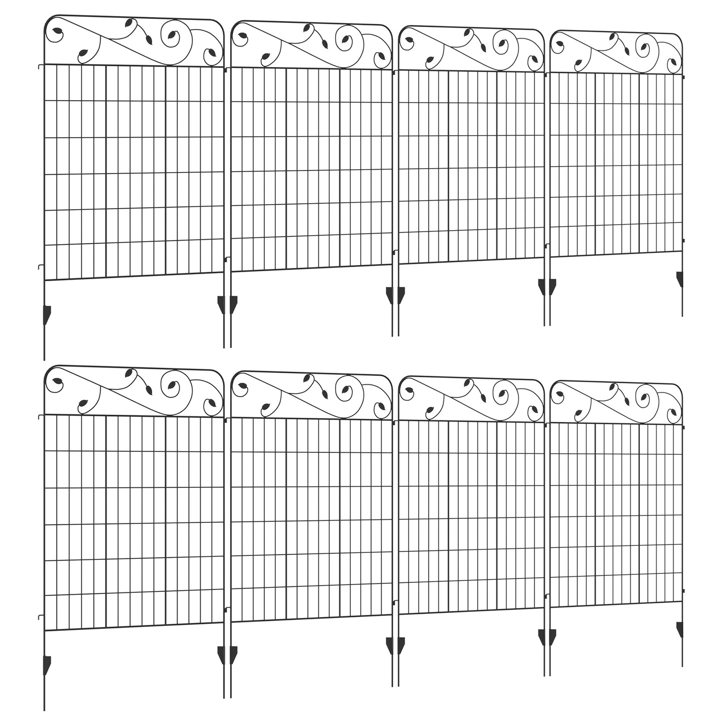 Outsunny Dekoracyjne Ogrodzenie Ogrodowe, 8 szt. 43in x 23ft Zewnętrzne Panele Ogrodzeniowe, Nierdzewny Metalowy Drut Ogrodzenie Ogrodzenia Kwietnika Ogrodzenie Dla Zwierząt, Czarny
