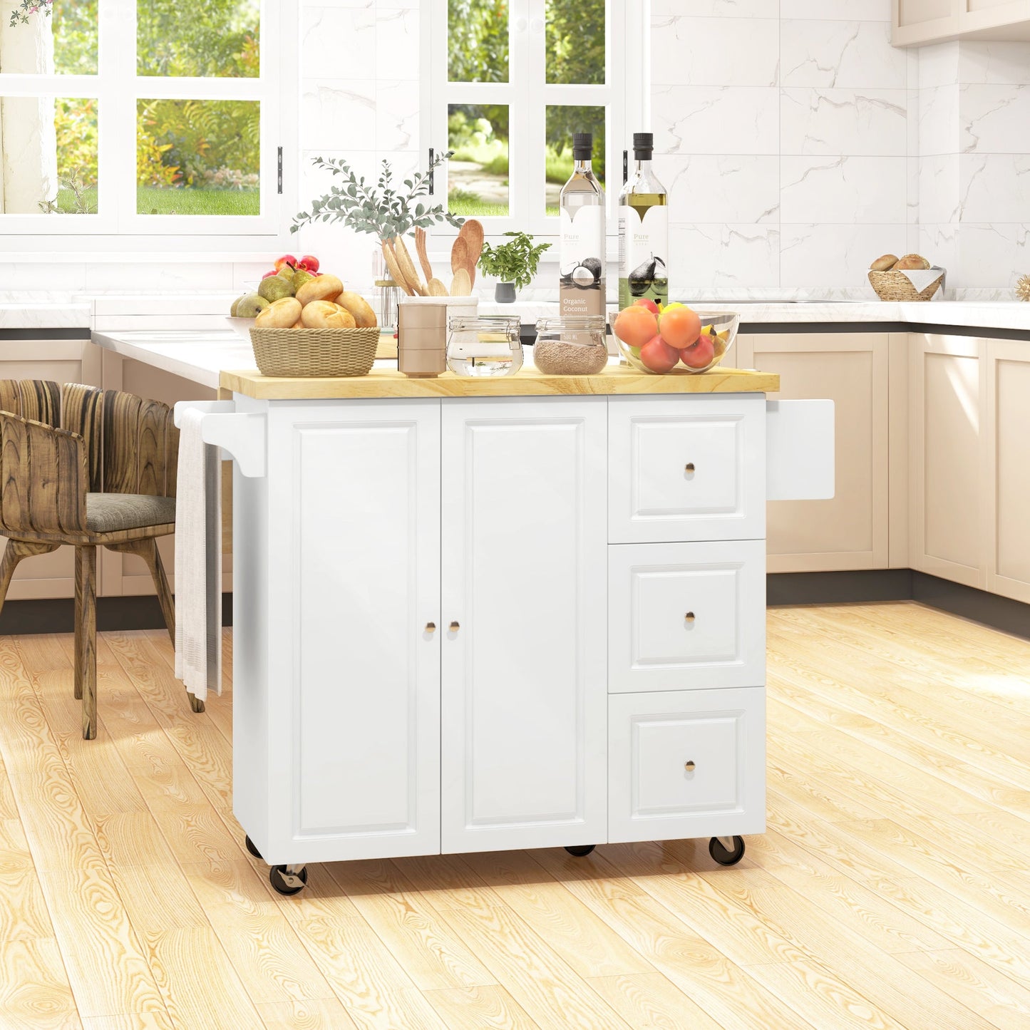 HOMCOM Drop-Leaf Kitchen Island on Wheels Utility Storage Cart with Drawers & Cabinet for Kitchen, Dining & Living Room