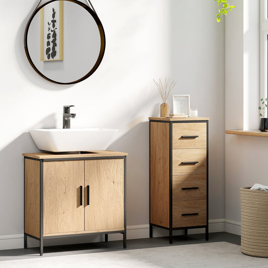 HOMCOM Bathroom Vanity Unit, Under Sink Storage Cabinet with 2 Doors, Adjustable Shelf for Basin without or with Pedestal, Oak