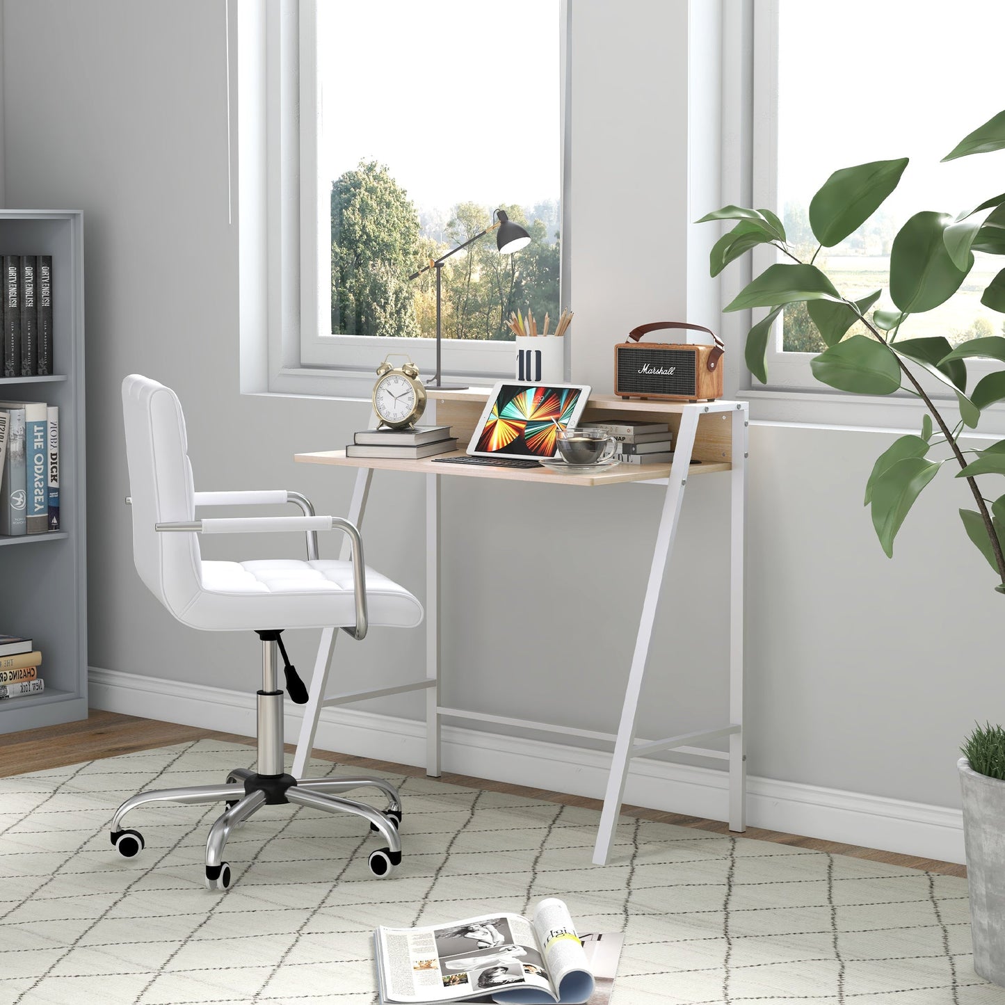 Zestaw HOMCOM Home Office Chair i Computer Desk, Fotel biurowy ze sztucznej skóry z kółkami obrotowymi, Biurko do nauki z półką do przechowywania, Biały