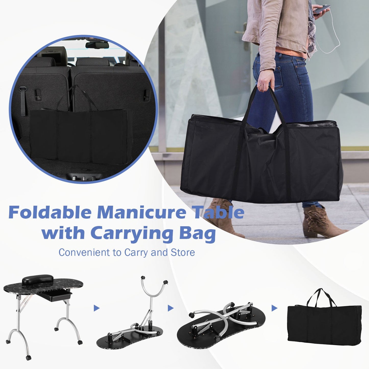 Portable Nail Table Station Manicure Tech Desk Nails Art Table 4 Rolling Wheels-Black