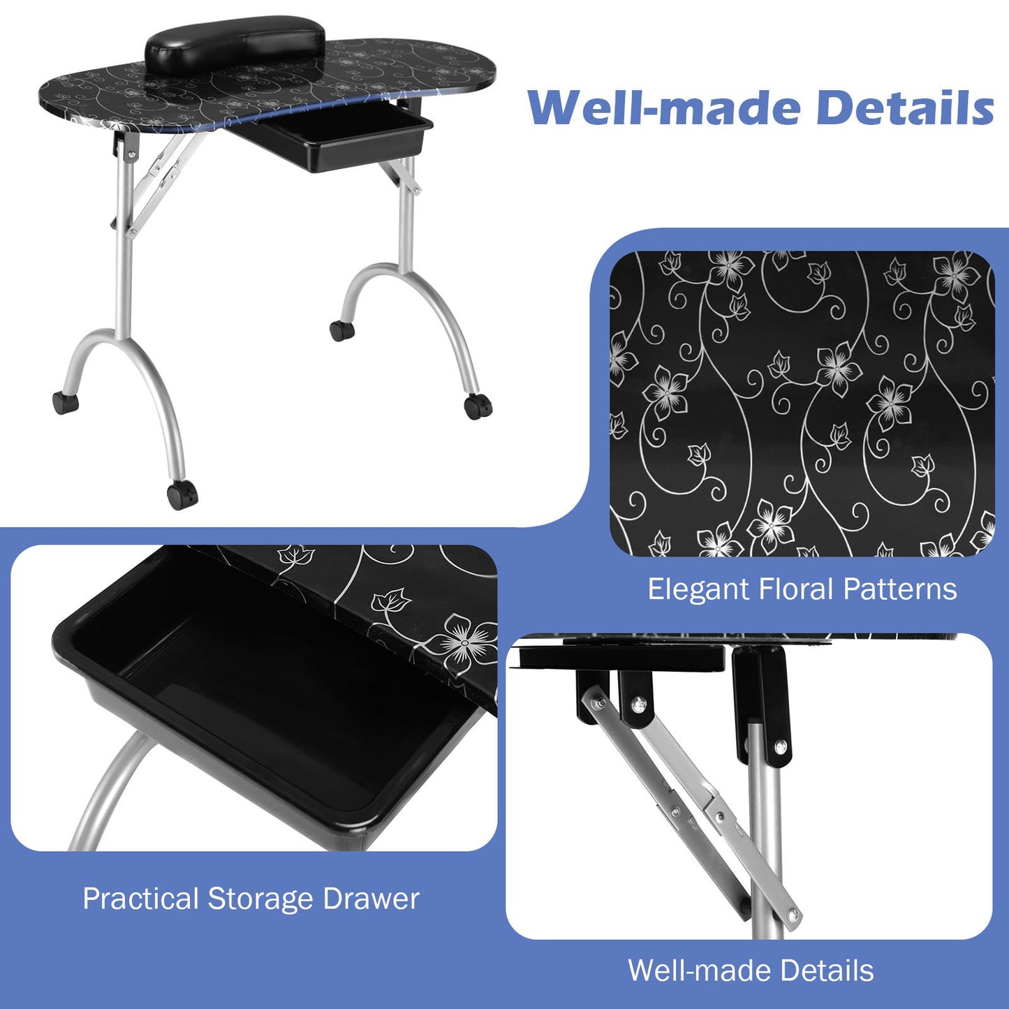 Portable Nail Table Station Manicure Tech Desk Nails Art Table 4 Rolling Wheels-Black