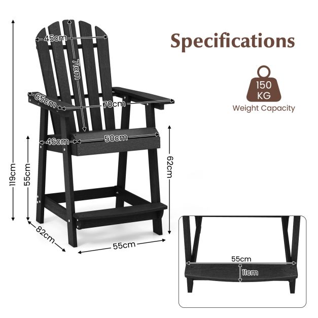 Outdoor HDPE Bar Stool with Armrest Footrest for Garden Poolside-Black