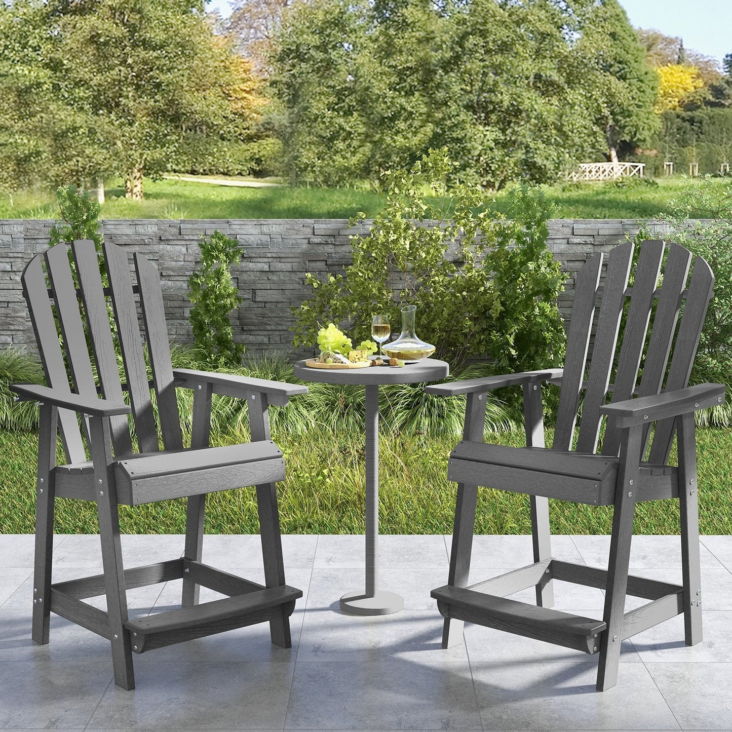 Outdoor HDPE Bar Stool with Armrest Footrest for Garden Poolside-Grey