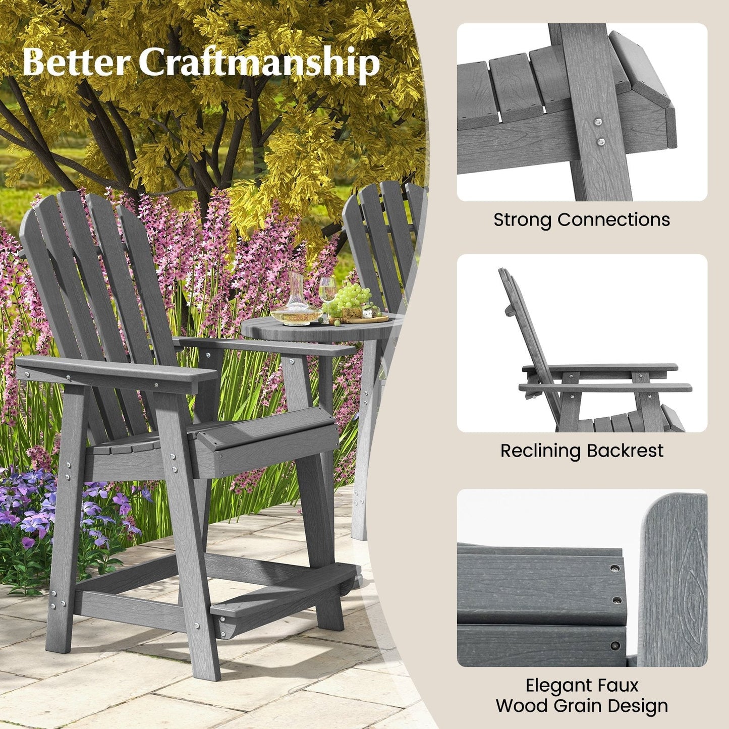 Outdoor HDPE Bar Stool with Armrest Footrest for Garden Poolside-Grey