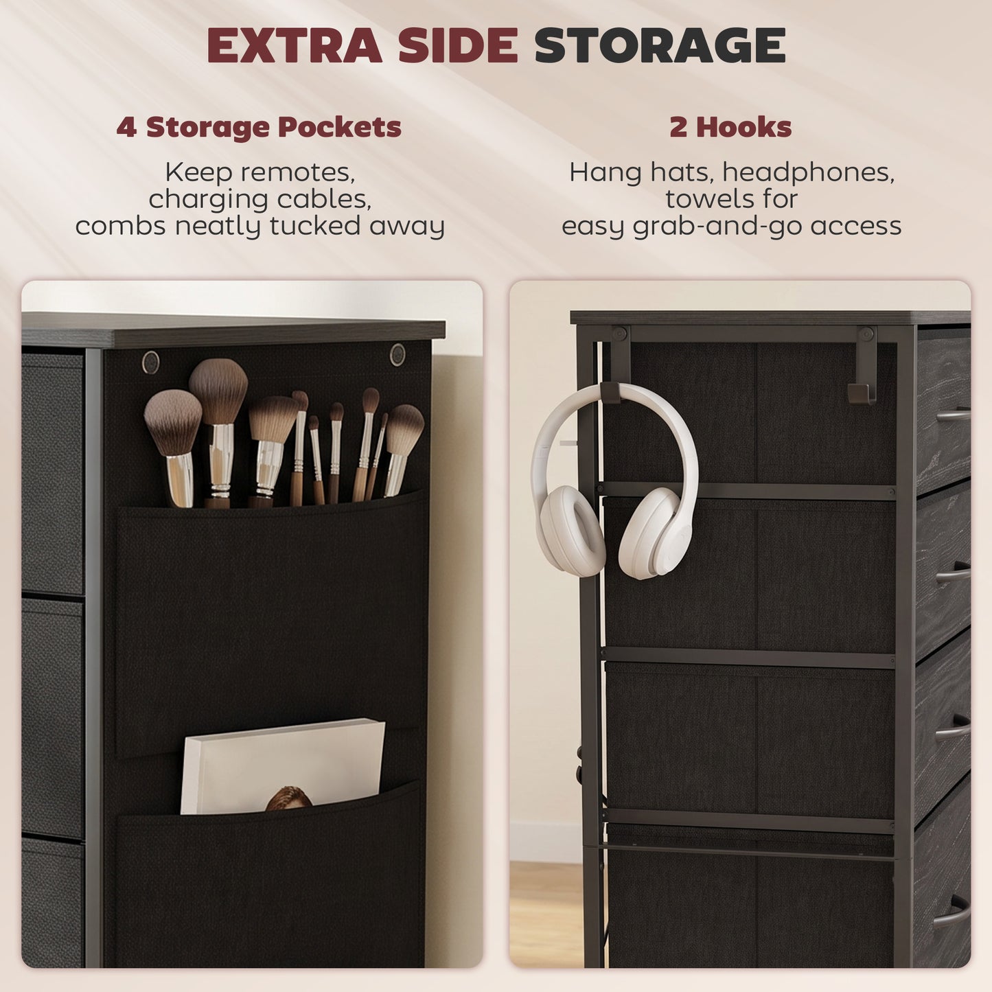 HOMCOM Chest of Drawers, Dresser with 5 Fabric Drawers, Tall Storage Unit with 4 Pockets and 2 Hooks, Steel Frame, Black