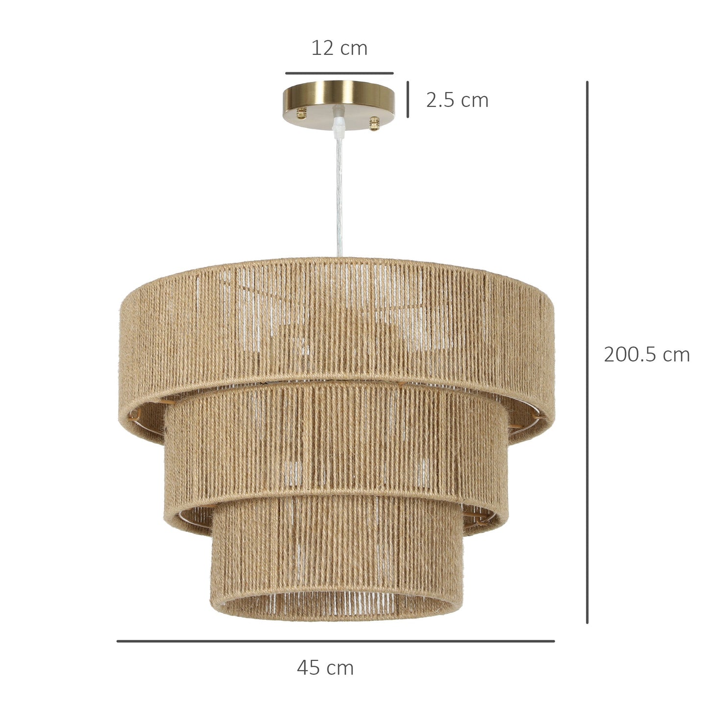 HOMCOM Lampa sufitowa z liny konopnej, 3-warstwowa lampa wisząca Boho, oprawy sufitowe E14 Vintage do salonu, sypialni, kuchni, korytarza, jasnobrązowe