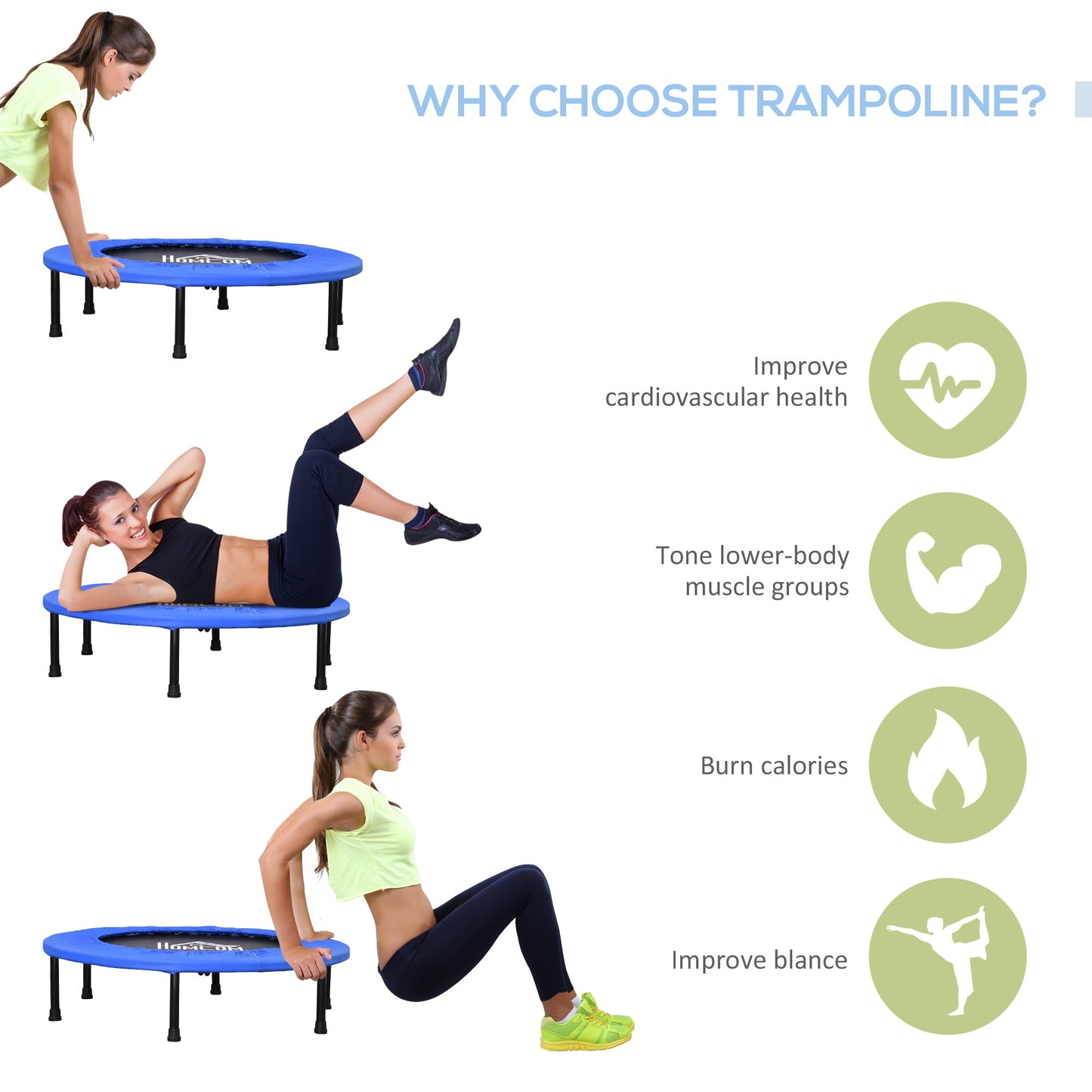 HOMCOM â91 Mini trampolina fitness do ćwiczeń w domu, do jogi, do użytku wewnątrz i na zewnątrz, z podkładką bezpieczeństwa, udźwig do 100 kg, niebiesko-czarna