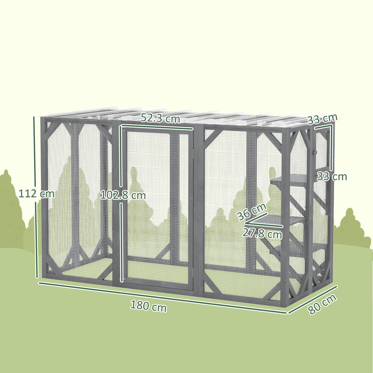 PawHut 71" Drewniany domek dla kota na zewnątrz z trzema platformami, dużymi drzwiami, wodoodpornym dachem, dla wielu kotów, szary