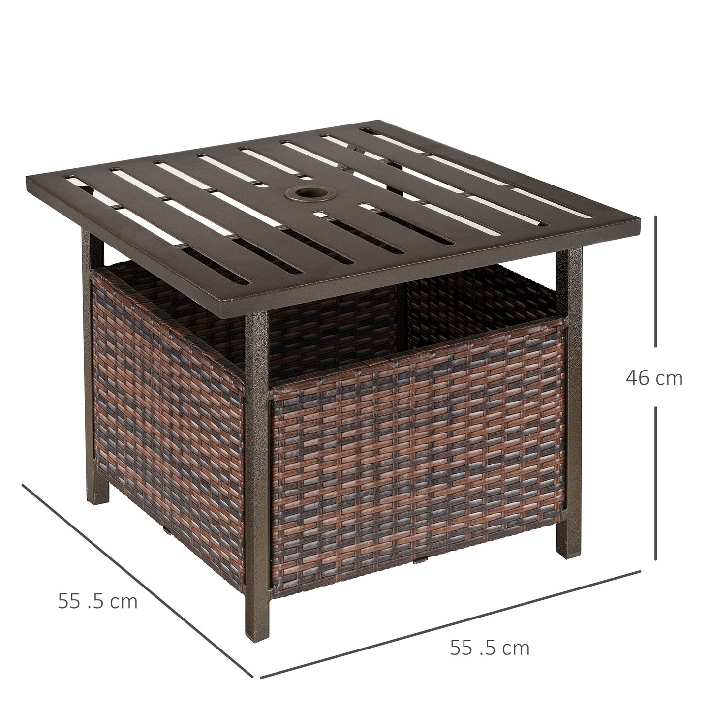 Outsunny Rattanowy stolik kawowy ogrodowy, 55,5 cm kwadratowy wiklinowy stolik kawowy z 4 cm otworem na parasol, metalowym spodem i listwami na górze, na zewnątrz, balkon, brązowy