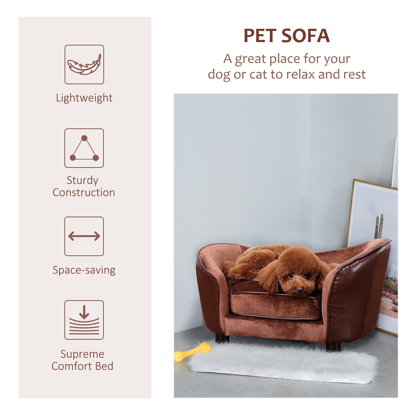 PawHut Dog Sofa Chair z nogami, kanapa dla zwierząt z miękką poduszką dla bardzo małych psów i kotów, brązowa, 68,5 x 40,5 x 40,5 cm