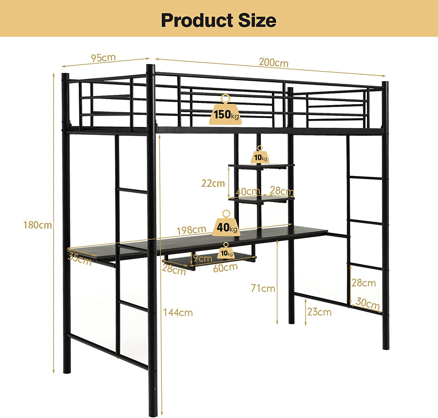 Metal Bunk Bed Frame High Sleeper with Desk and Storage Shelves-Black