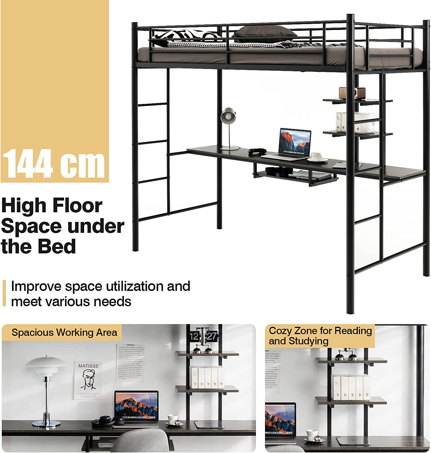 Metal Bunk Bed Frame High Sleeper with Desk and Storage Shelves-Black