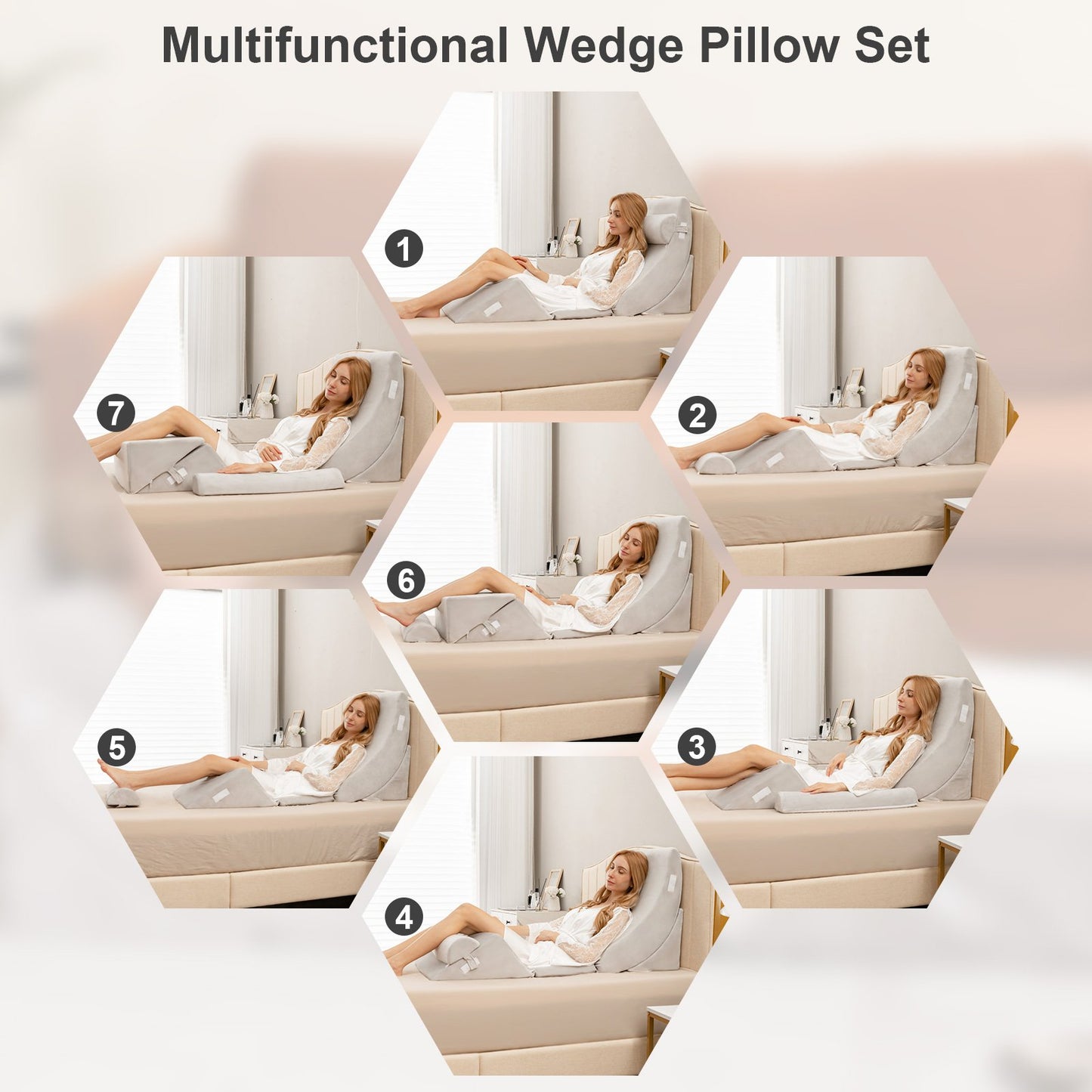 6 Pieces Bed Wedge Pillows Set with Headrest Leg Elevation-Grey