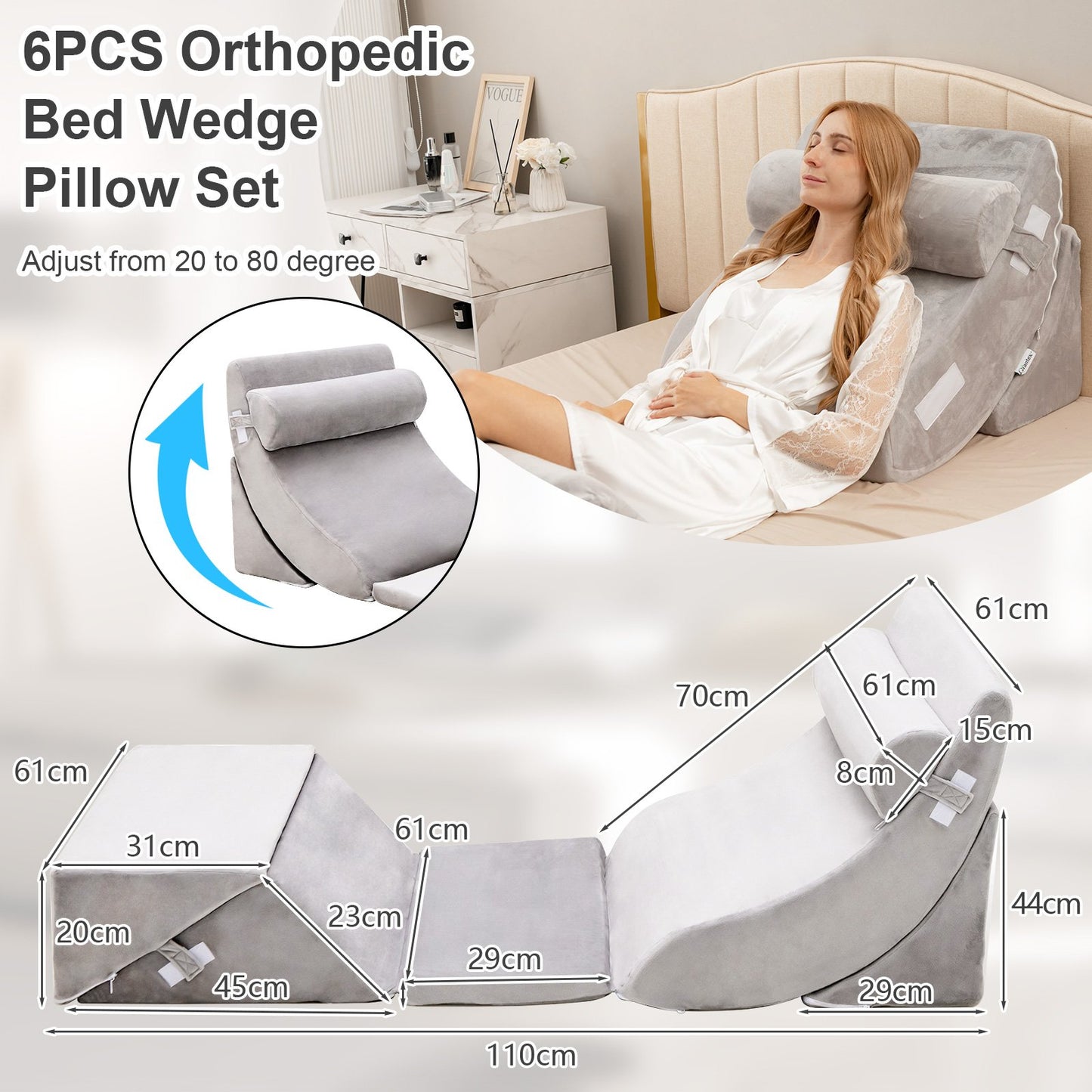 6 Pieces Bed Wedge Pillows Set with Headrest Leg Elevation-Grey