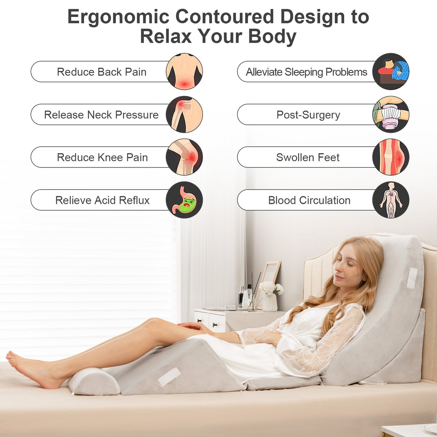 6 Pieces Bed Wedge Pillows Set with Headrest Leg Elevation-Grey