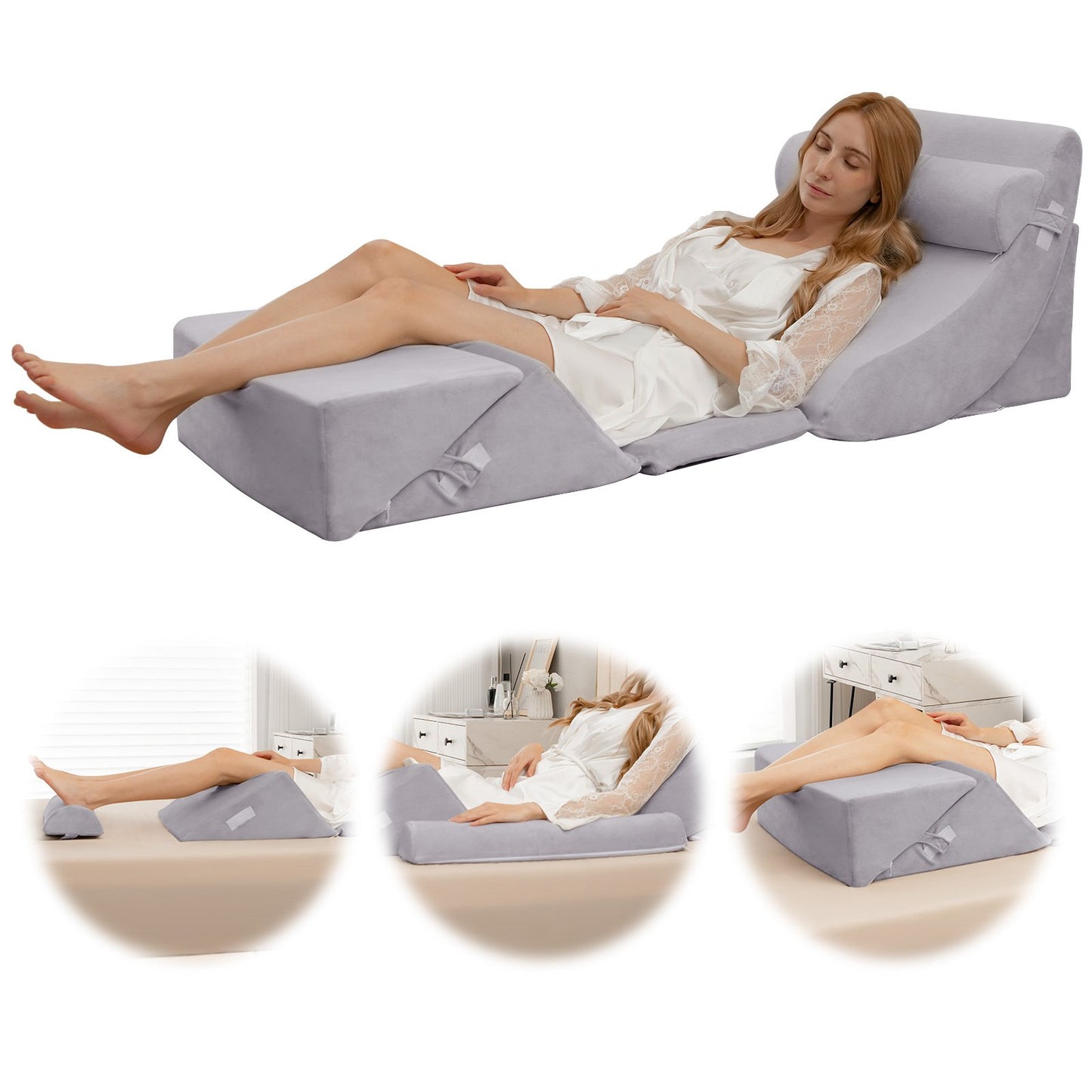 6 Pieces Bed Wedge Pillows Set with Headrest Leg Elevation-Grey