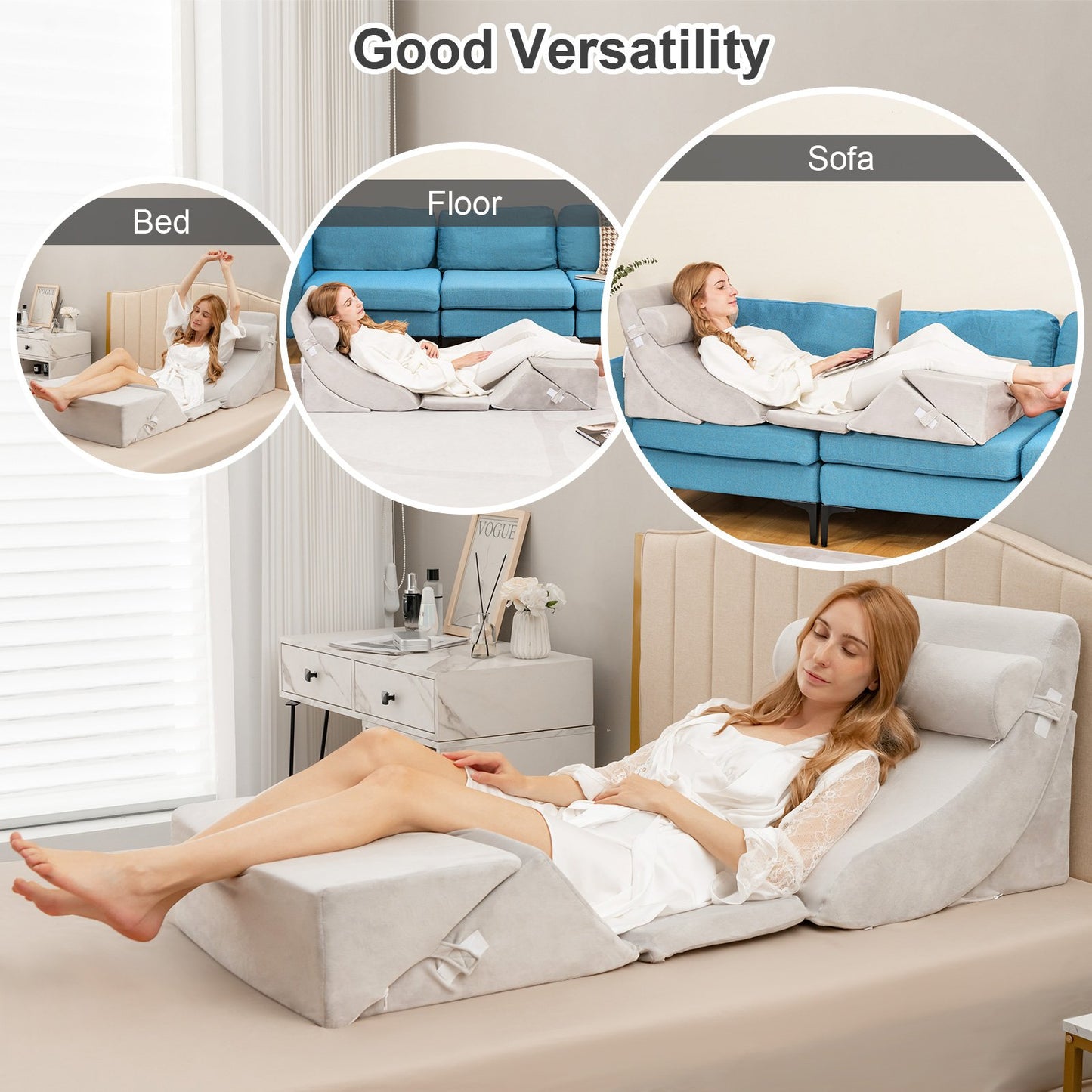 6 Pieces Bed Wedge Pillows Set with Headrest Leg Elevation-Grey