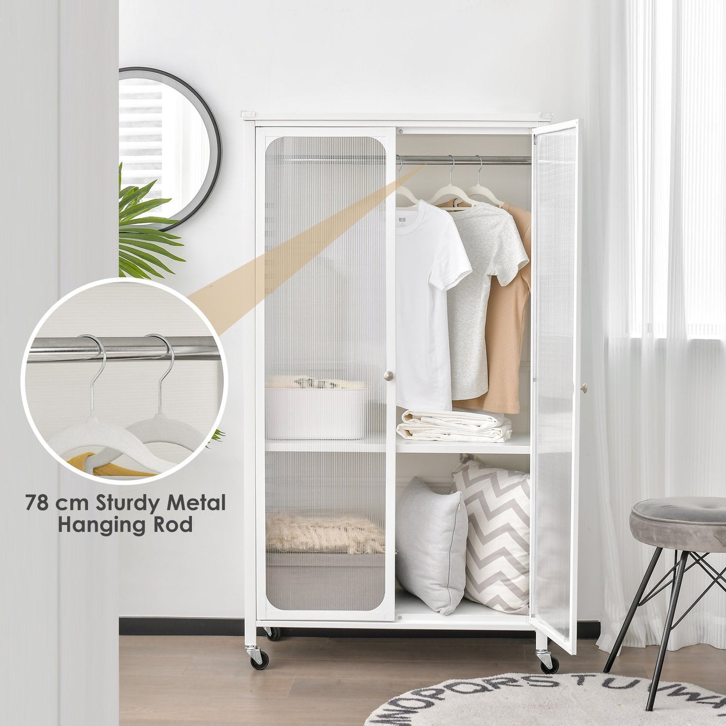 Mobile Metal Wardrobe Armoire Closet with Hanging Rod and Adjustable Shelf-White