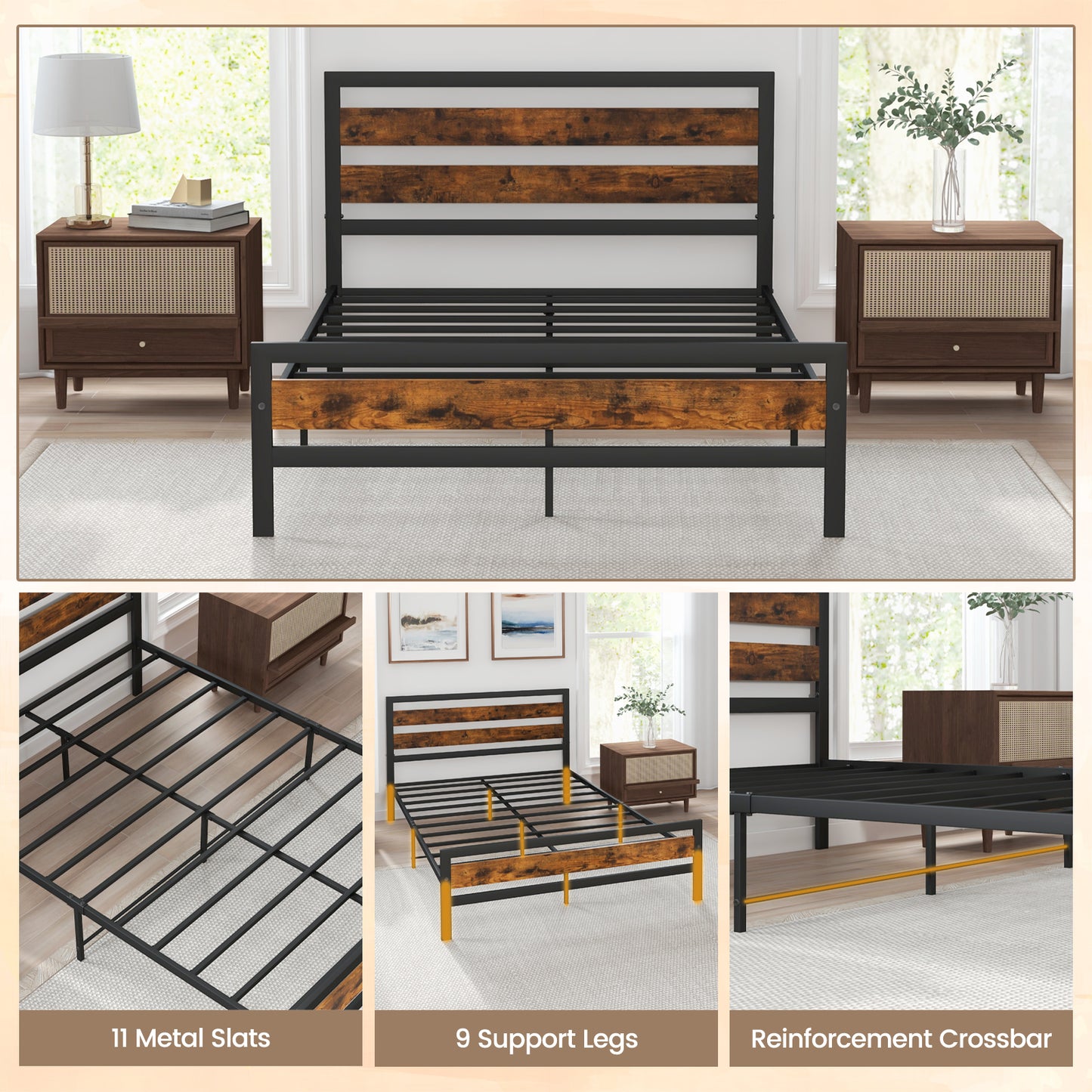 Double/King Size Bed Frame with Rustic Headboard and Footboard-Double Size