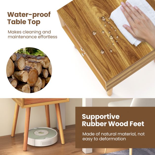 Wooden Nightstand with 2 Storage Drawers and Rubber Wood Legs-Natural