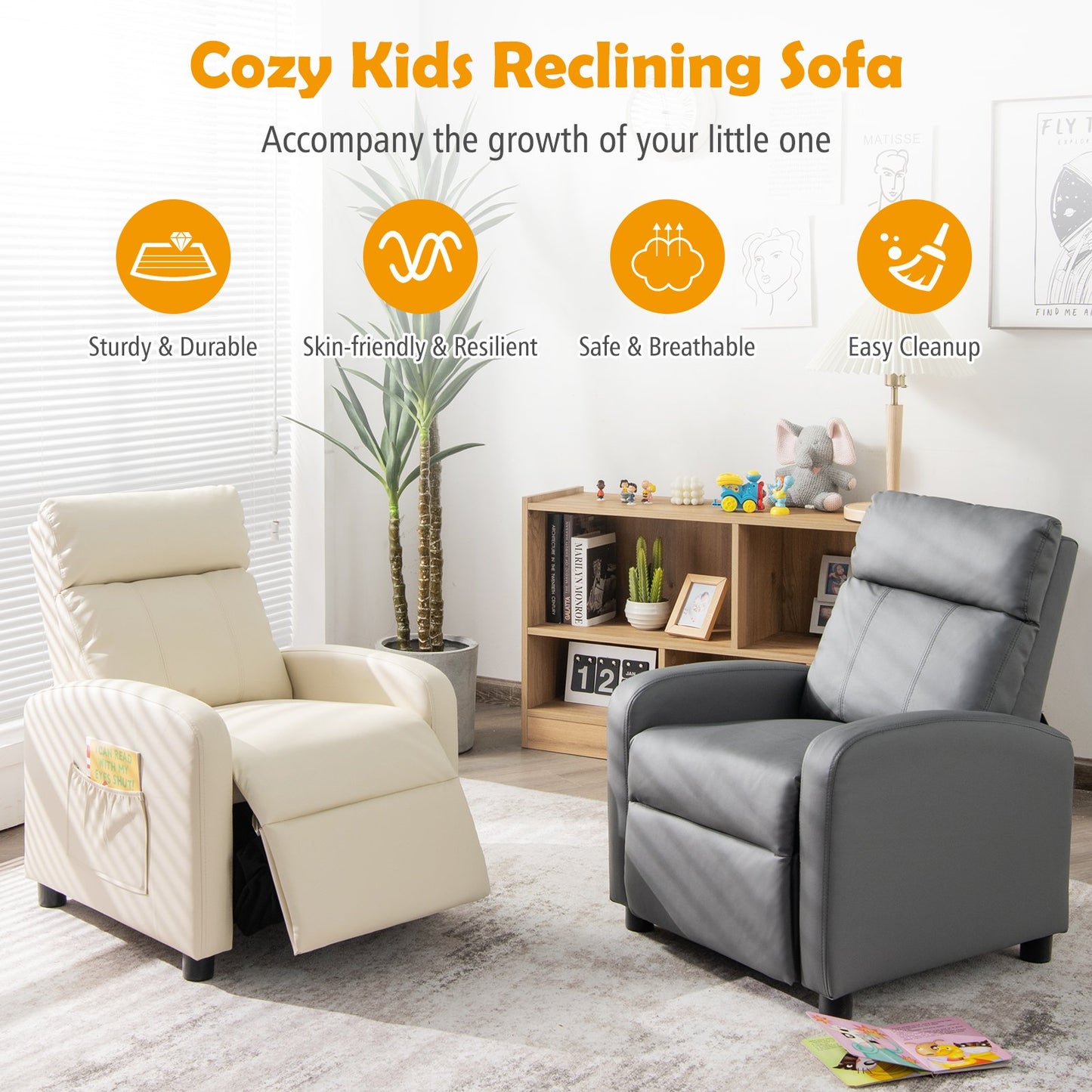 Kids Recliner Chair Adjustable Leather Sofa with Footrest Side Pocket-Beige