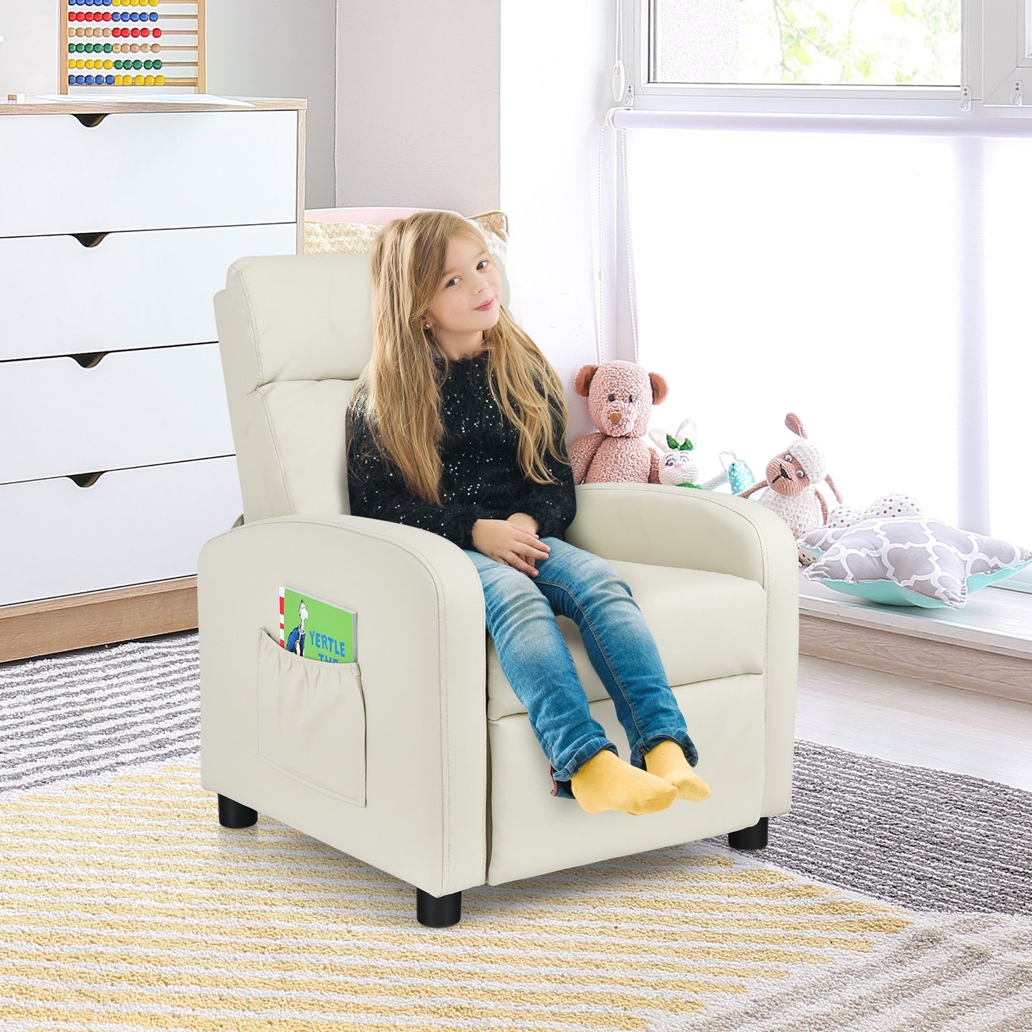 Kids Recliner Chair Adjustable Leather Sofa with Footrest Side Pocket-Beige