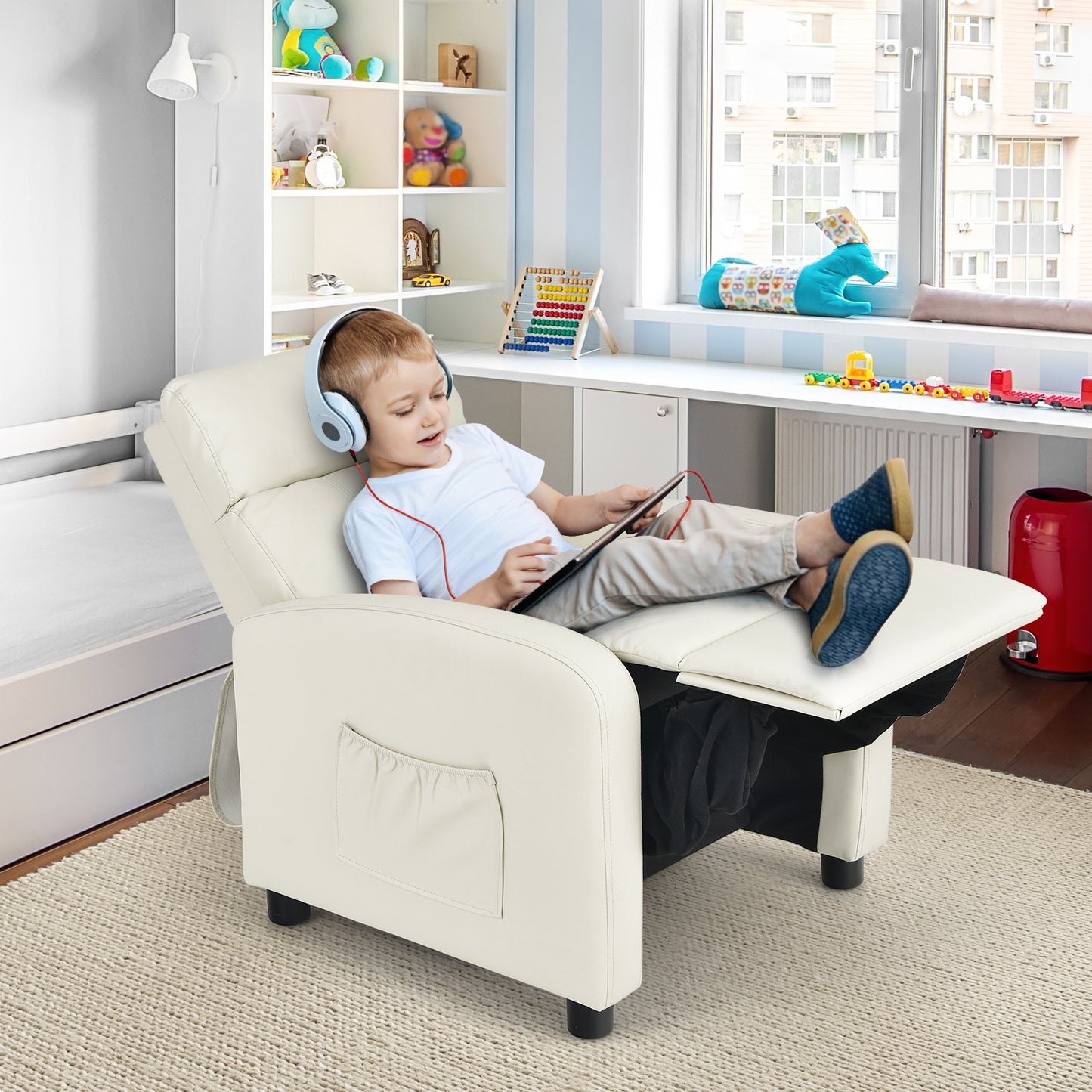 Kids Recliner Chair Adjustable Leather Sofa with Footrest Side Pocket-Beige