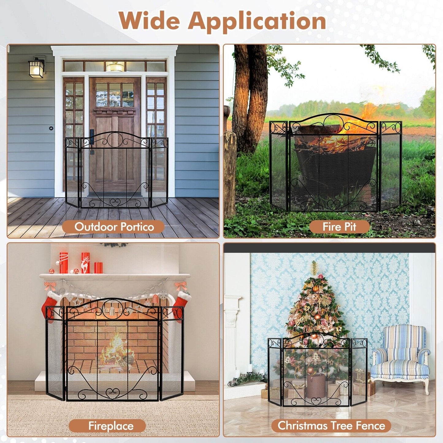 3-Panel Folding Metal Fireplace Screen with Leaves Decoration