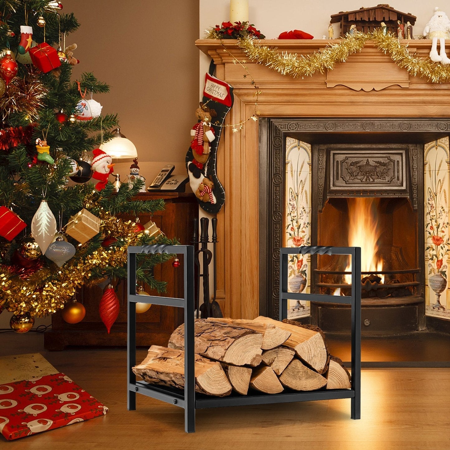 Firewood Log Rack with Solid Bottom Panel and Screw Thread Handle-Black