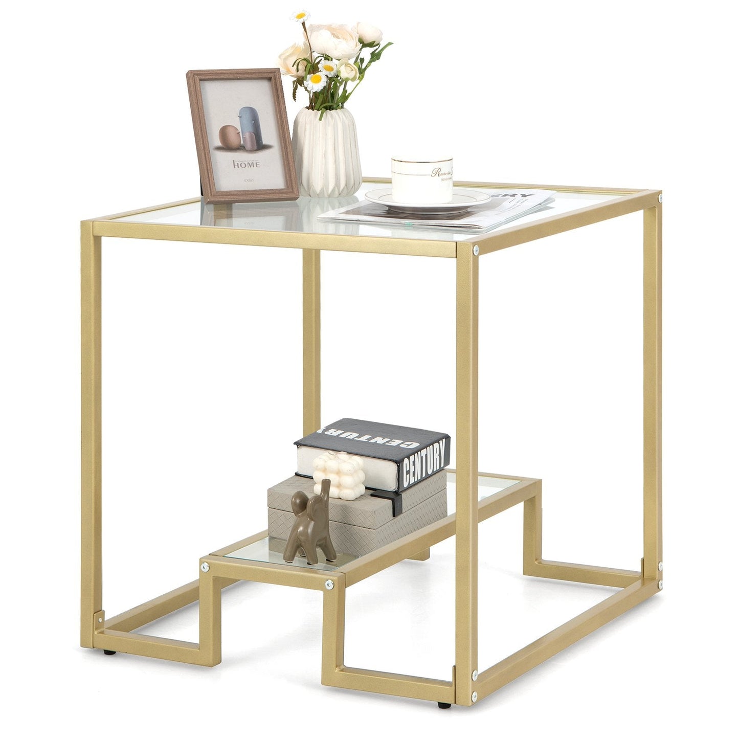 2-Tier Snack Table with Golden Metal Frame and Tempered Glass Tabletop