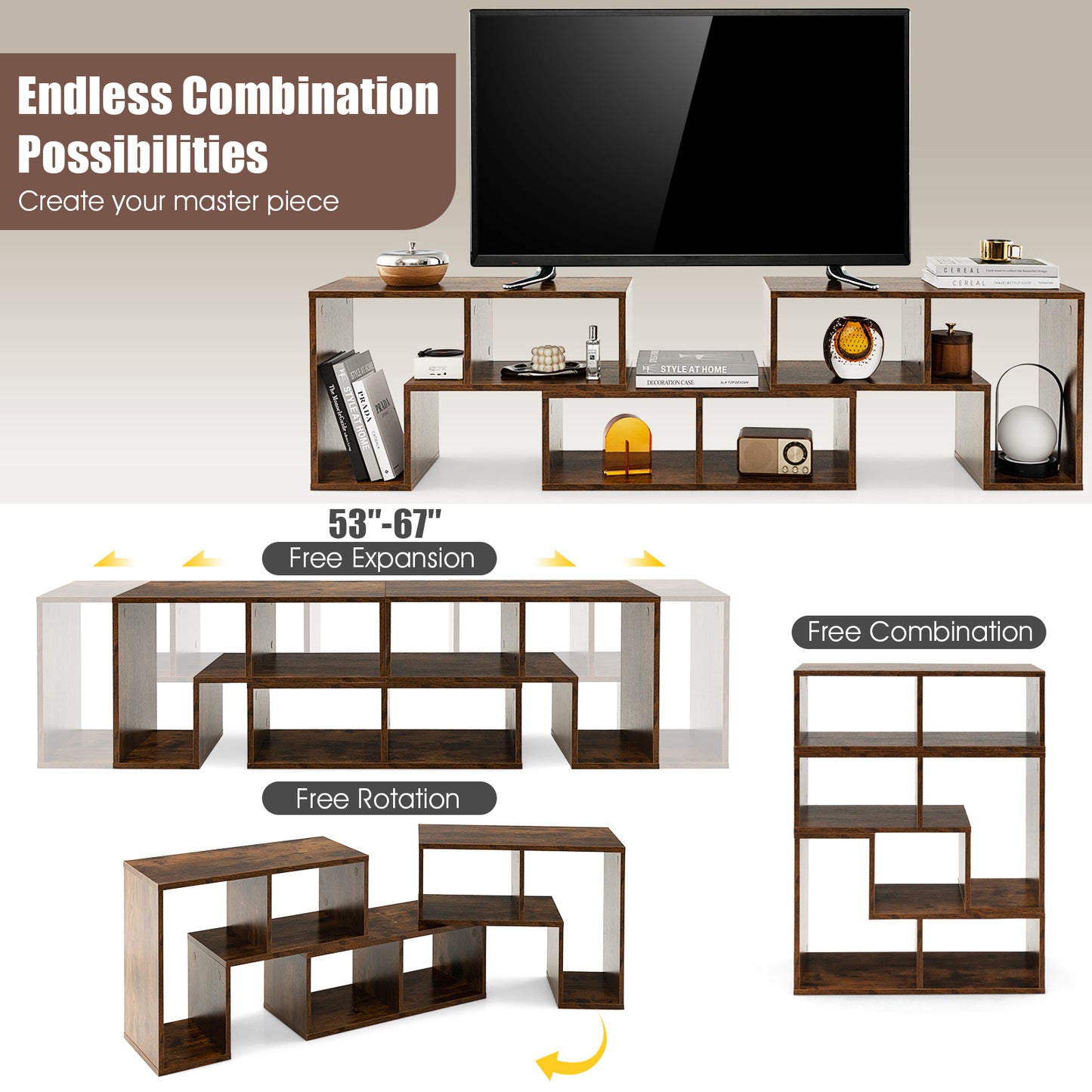 3 Pieces Convertible TV Stand for TVs up to 65 Inches-Rustic Brown