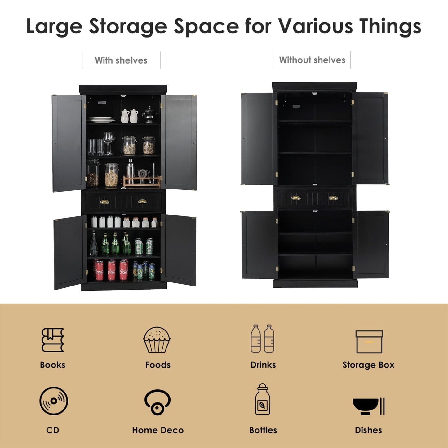 4-Door Tall Kitchen Cupboard Adjustable Shelves and Drawer-Black