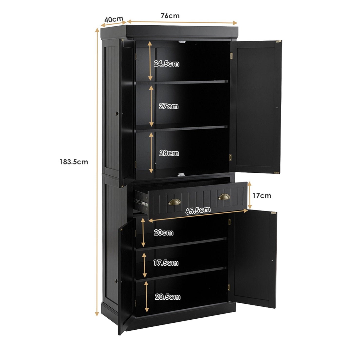 4-Door Tall Kitchen Cupboard Adjustable Shelves and Drawer-Black