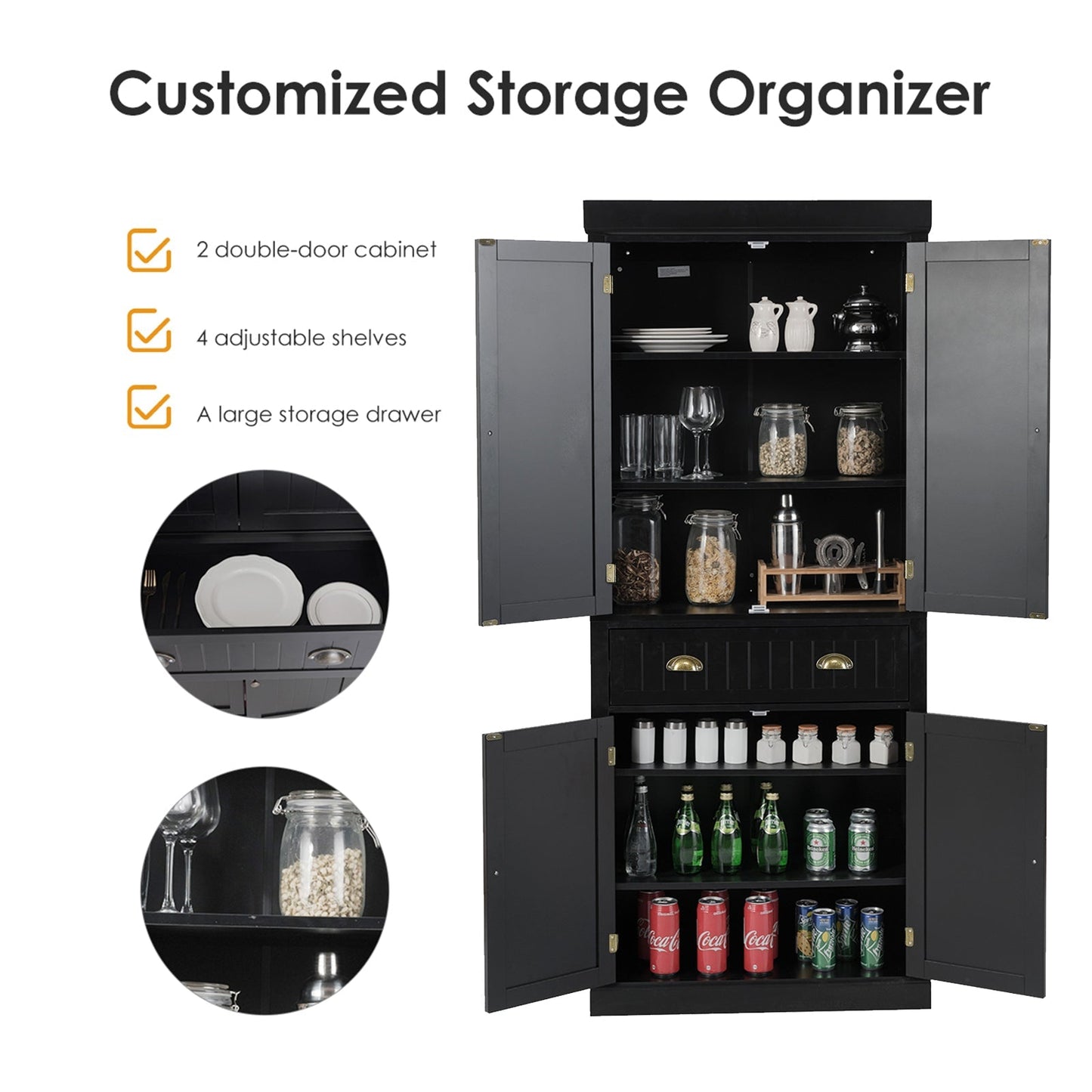 4-Door Tall Kitchen Cupboard Adjustable Shelves and Drawer-Black