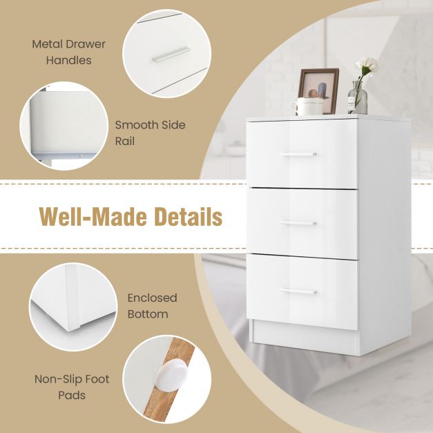 3 Drawer Bedside Table High Gloss 37.1 x 34.2 x 66.5 cm White