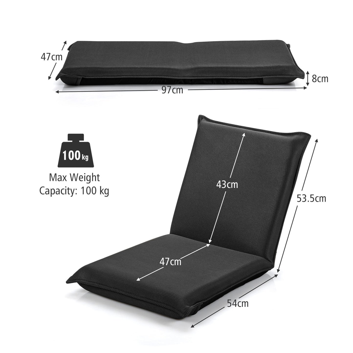 Folding Floor Chair with Reclining Function and 6 Adjustable Positions-Black