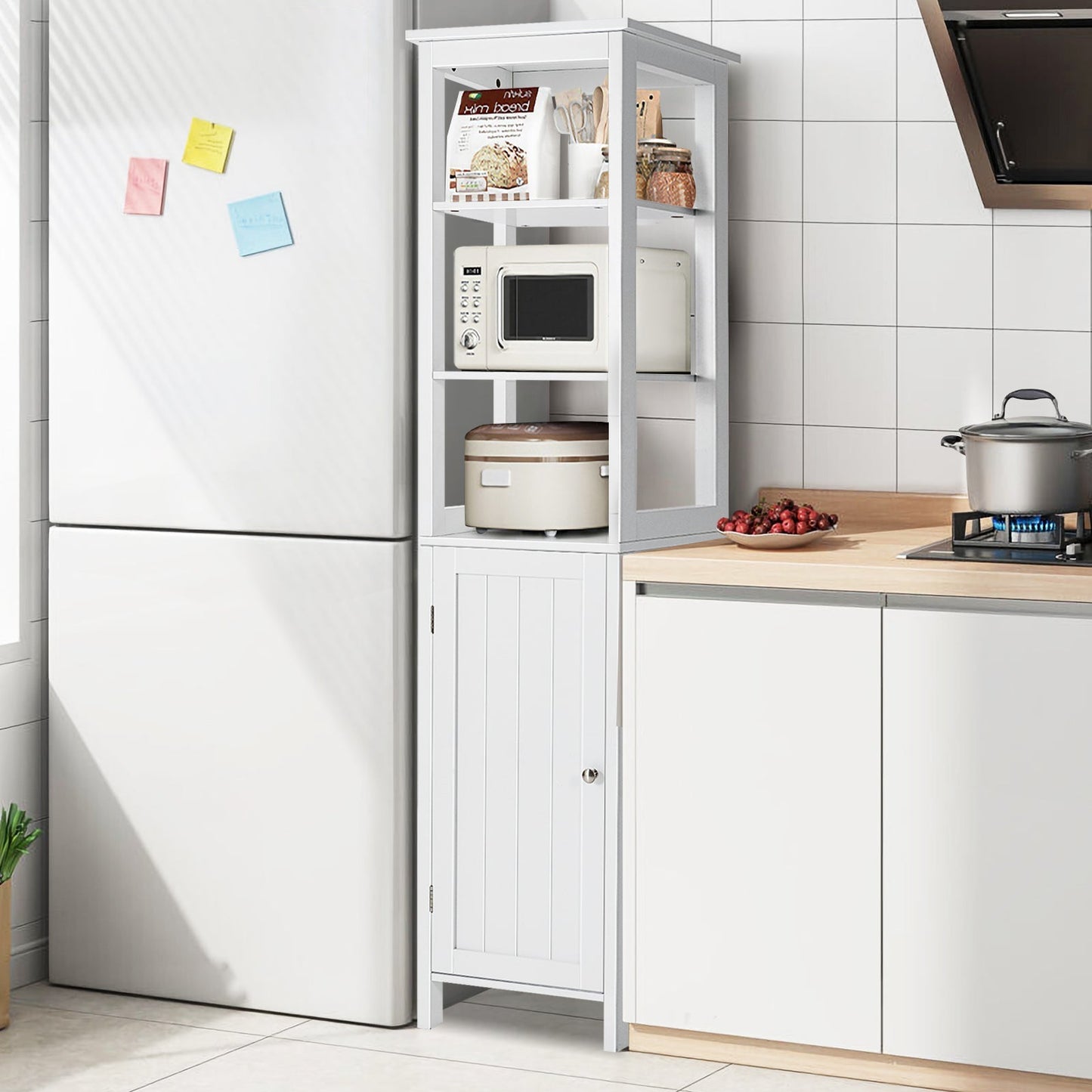 Freestanding Floor Cabinet with 3-Position Middle Panel and Anti-Toppling Mechanism-White